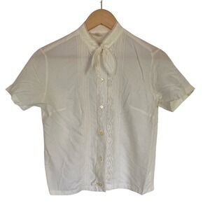 Vintage Union USA Cream Short Sleeve Button Front Blouse Tie Neck Size M Classic